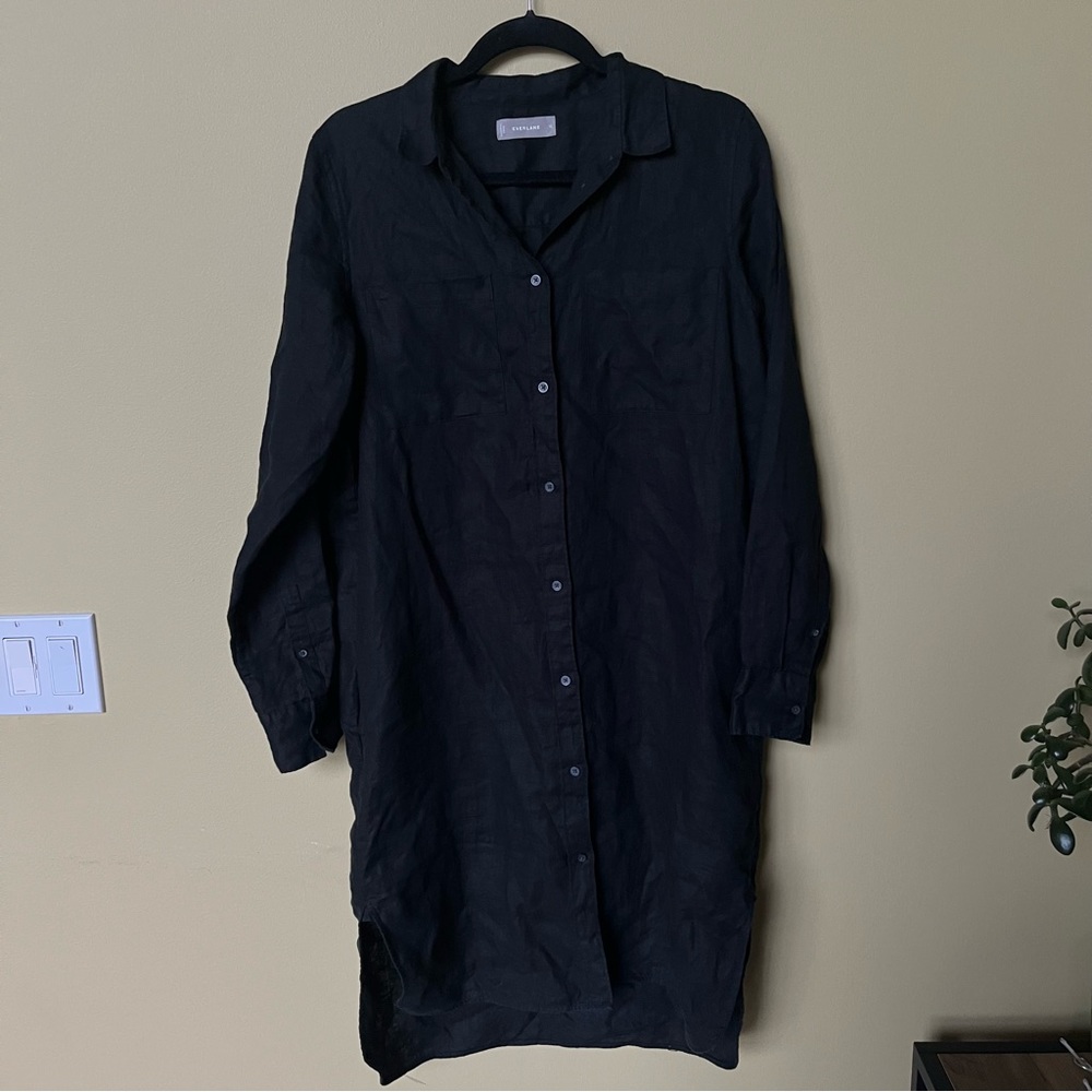 Black Linen Midi Shirt Dress